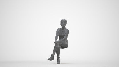 3D human model woman casual sitting, photogrammetry scanned person for archviz, three-quarter front view render