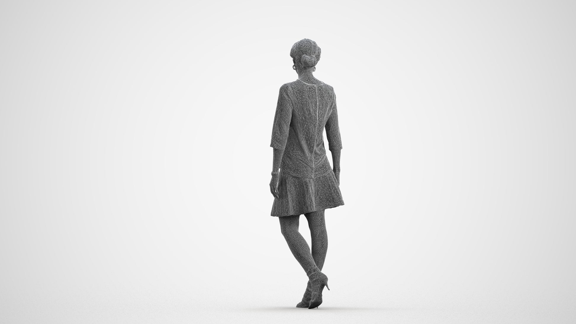 realistic 3D woman business standing, scanned archviz people for Blender and 3ds Max, wireframe front view