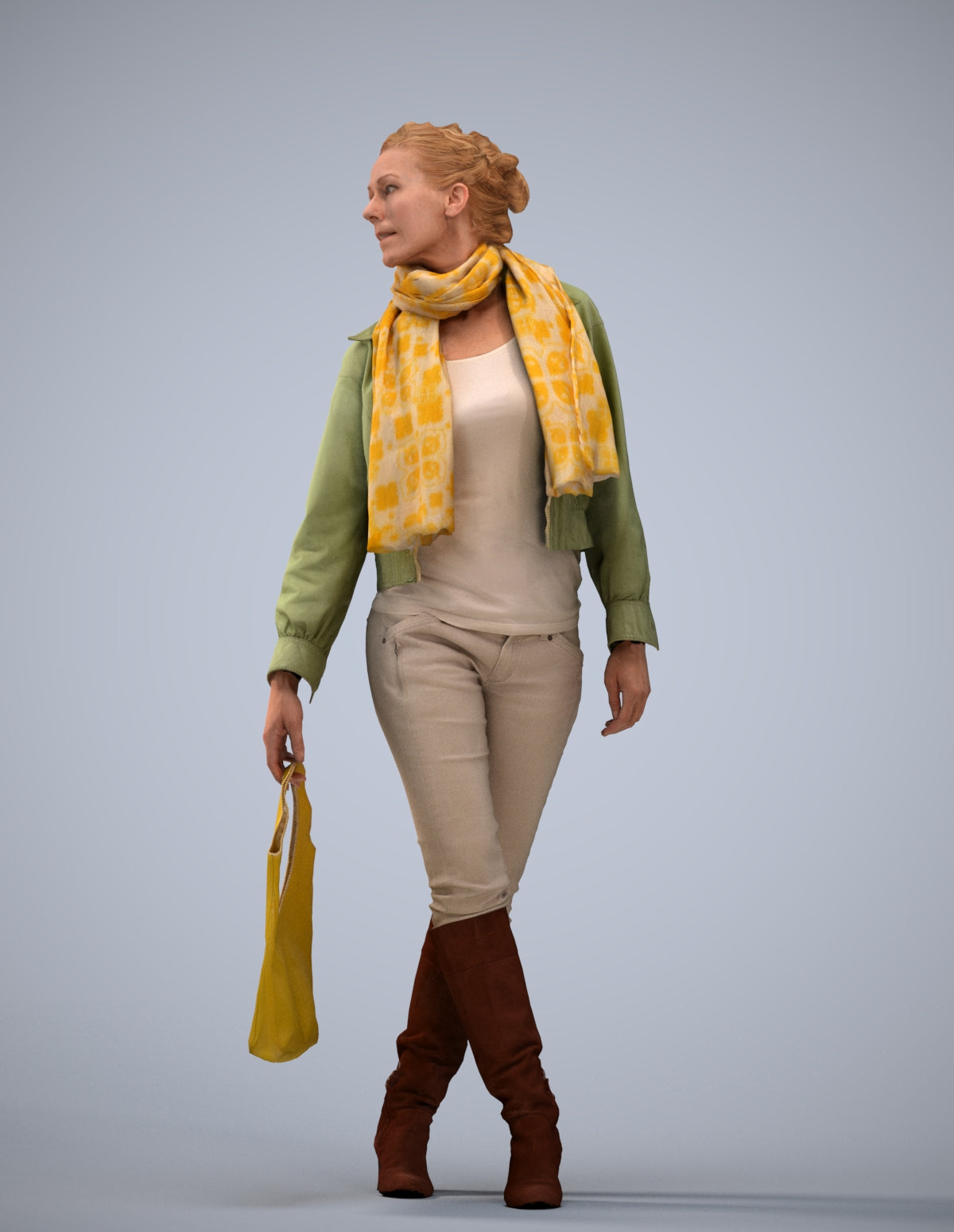 3D human model woman casual walking, photogrammetry scanned person for archviz