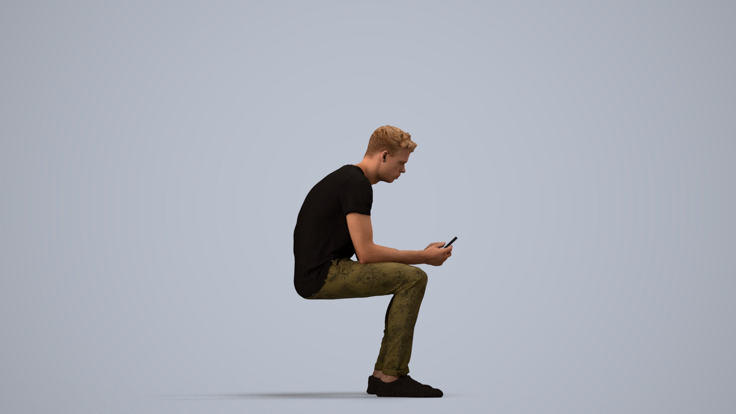 3D scanned man sitting casual, photorealistic archviz people for Enscape and SketchUp, side view render