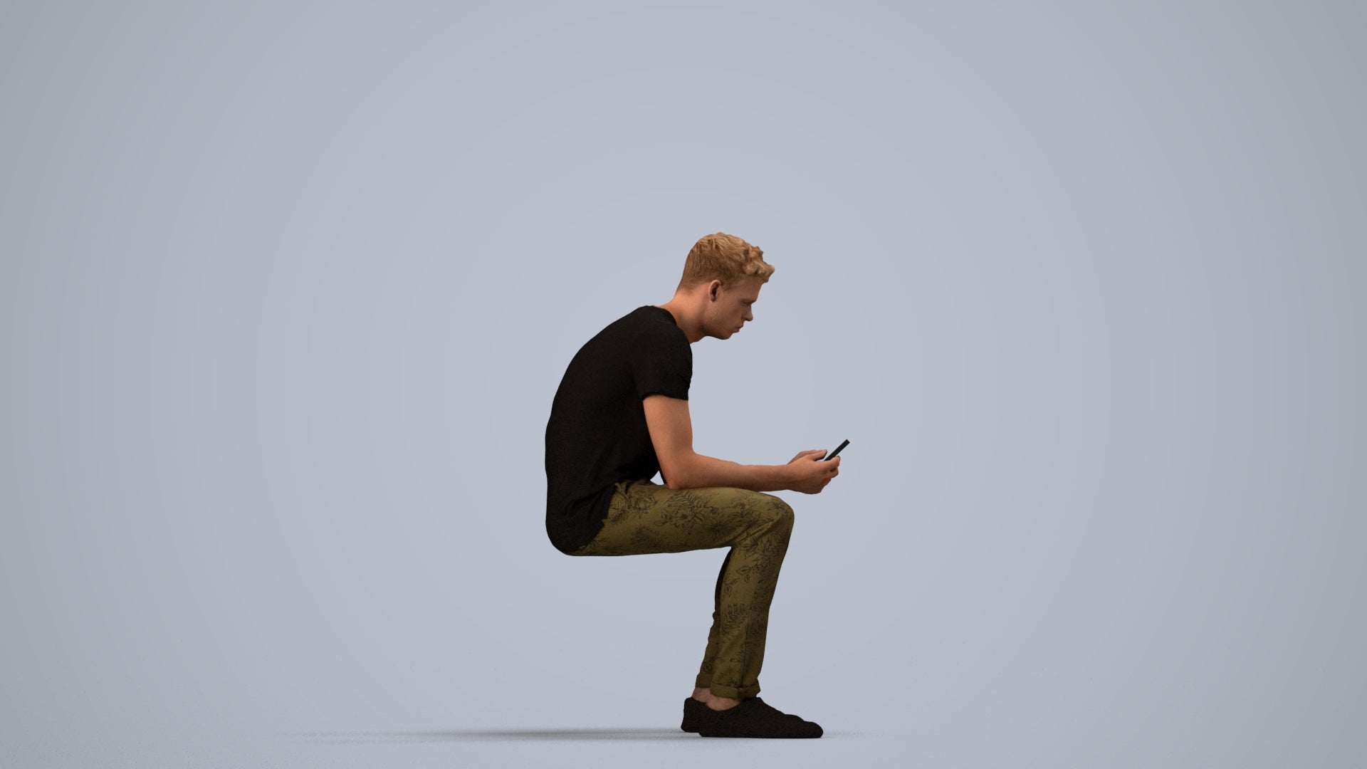 3D scanned man sitting casual, photorealistic archviz people for Enscape and SketchUp, side view render