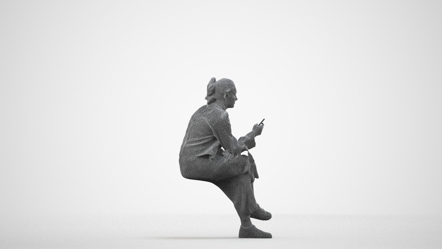 photogrammetry 3D woman casual sitting, realistic human model archviz FBX, wireframe side view