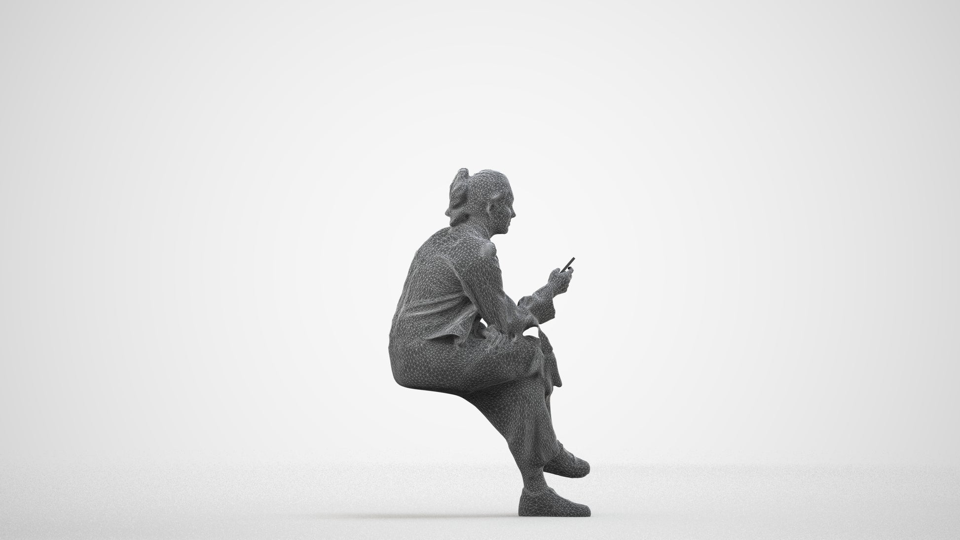 photogrammetry 3D woman casual sitting, realistic human model archviz FBX, wireframe side view