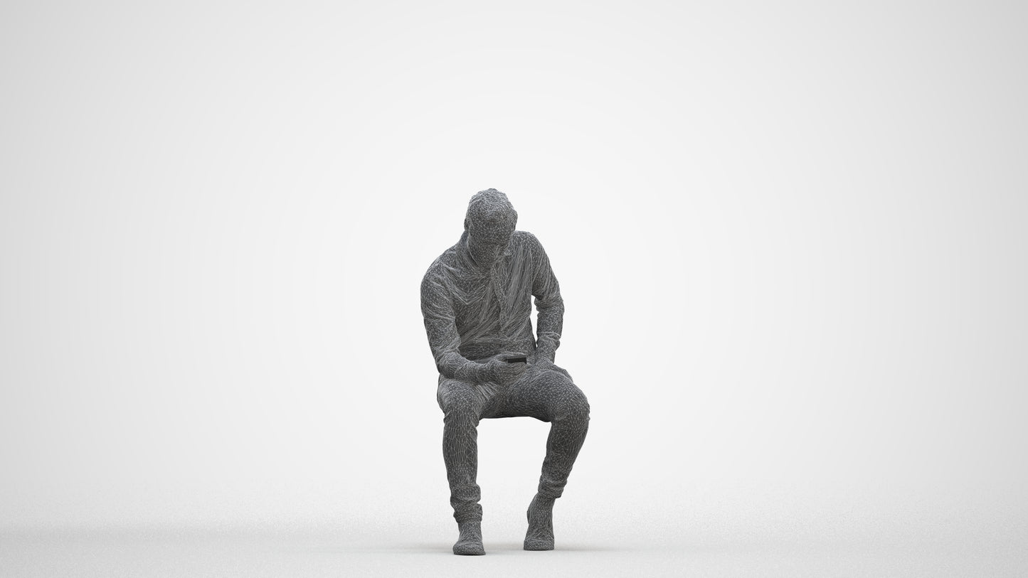 3D people model man casual sitting, scanned human for 3ds Max rendering, three-quarter front view render