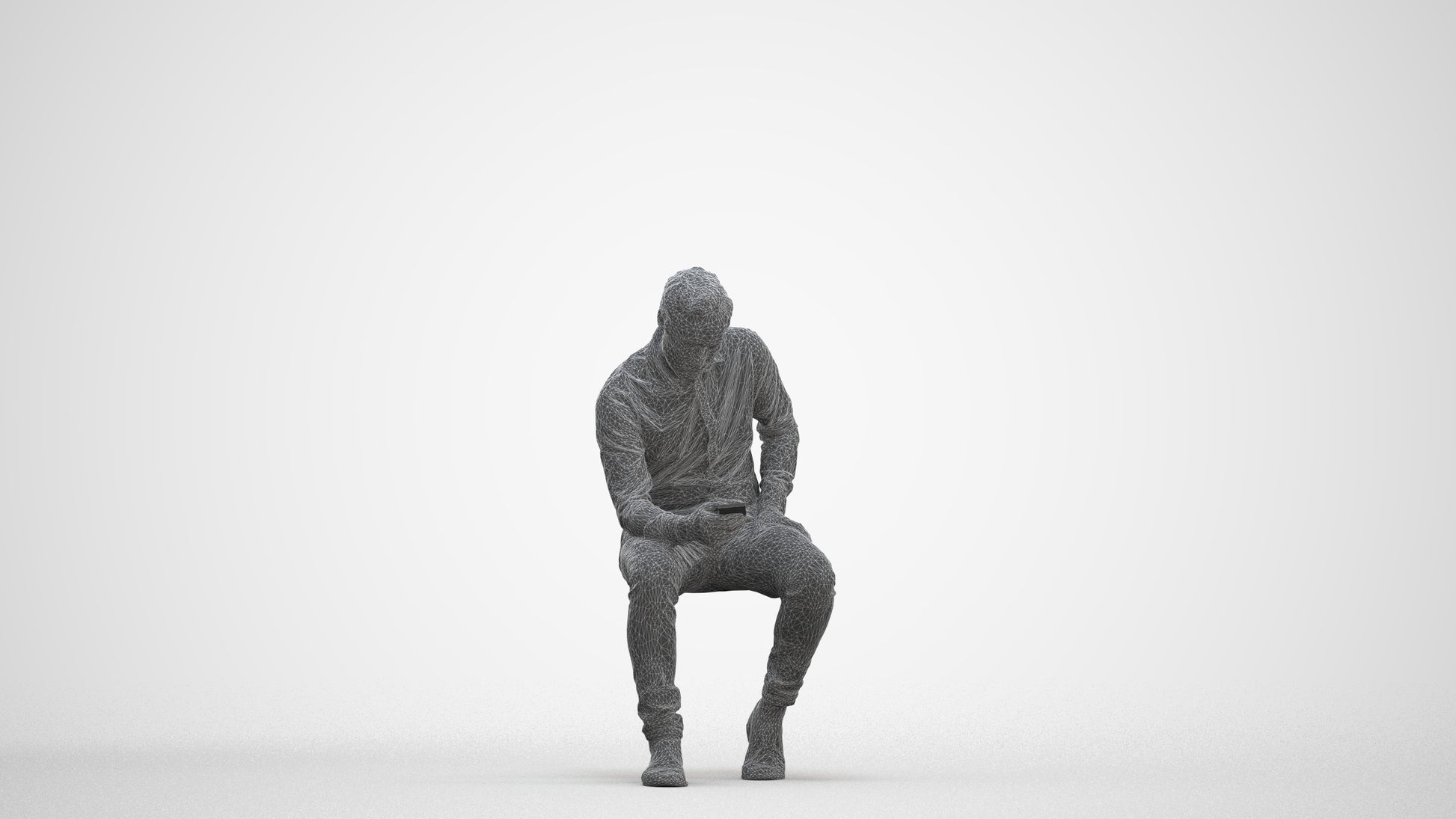 3D people model man casual sitting, scanned human for 3ds Max rendering, three-quarter front view render
