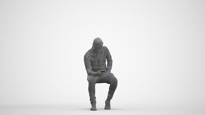 3D people model man casual sitting, scanned human for 3ds Max rendering, three-quarter front view render