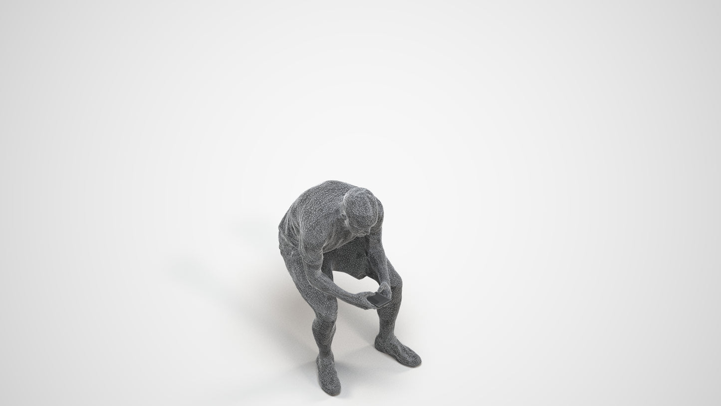 realistic 3D human man casual sitting, archviz people FBX OBJ for Blender, wireframe three-quarter view