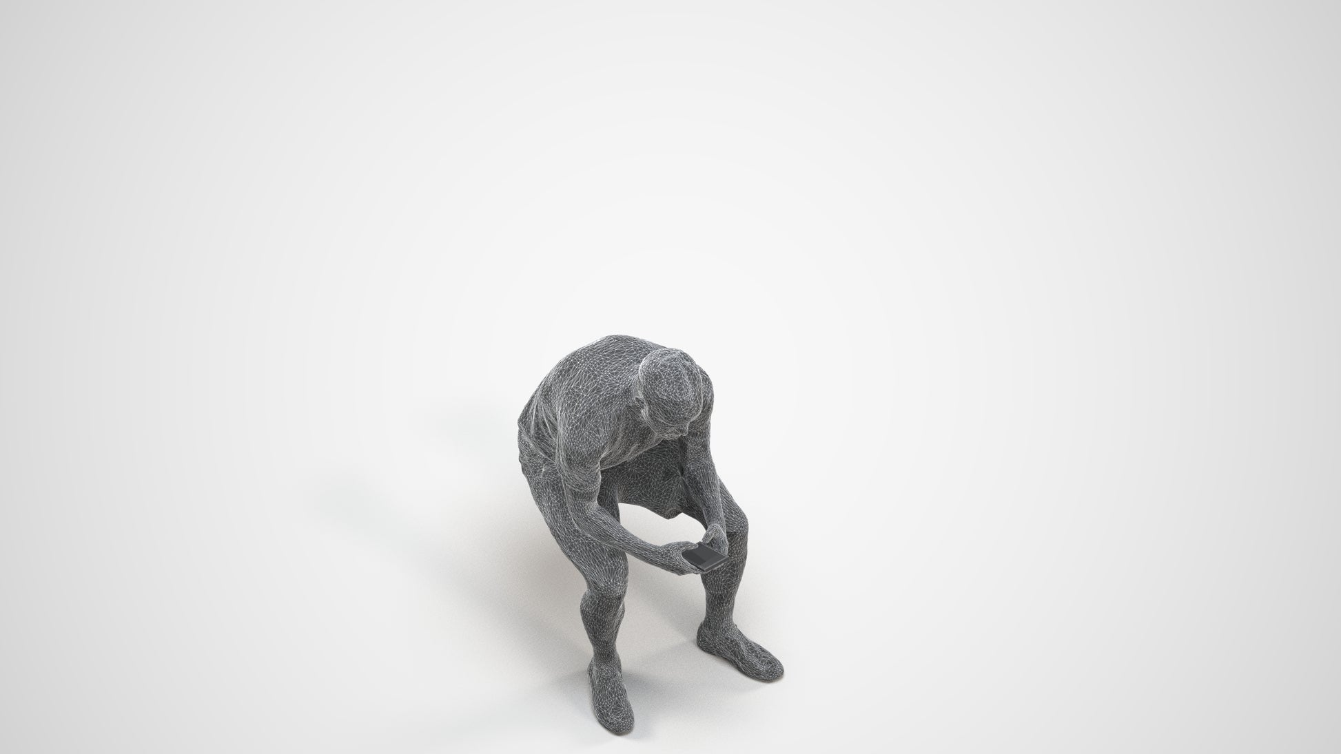 realistic 3D human man casual sitting, archviz people FBX OBJ for Blender, wireframe three-quarter view