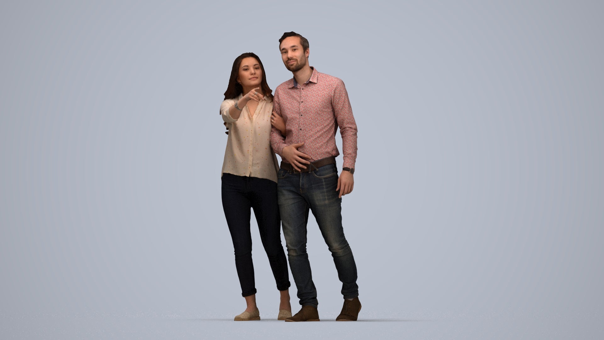 realistic 3D woman casual couple, scanned archviz people for Blender and 3ds Max, top-down view render