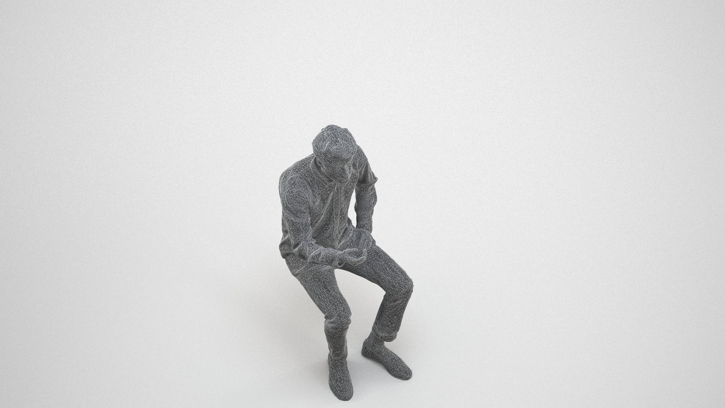 realistic 3D people man casual sitting, render-ready for V-Ray and Corona, FBX OBJ, wireframe three-quarter view