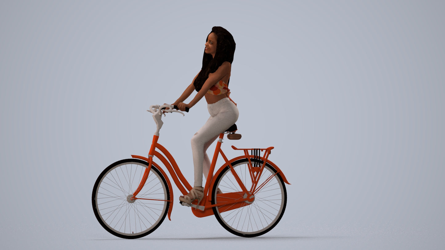 3D scanned woman cycling casual, photorealistic archviz people for Enscape and SketchUp, three-quarter view render