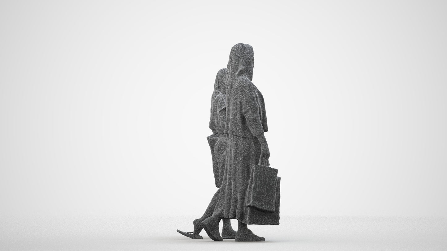 3D human model girl casual shopping, photogrammetry scanned person for archviz, wireframe side view