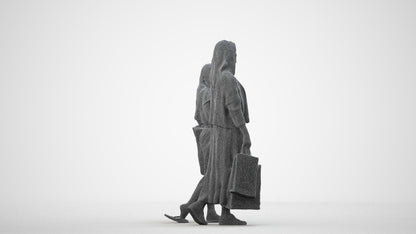 3D human model girl casual shopping, photogrammetry scanned person for archviz, wireframe side view