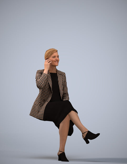 3D human model woman business sitting, photogrammetry scanned person for archviz