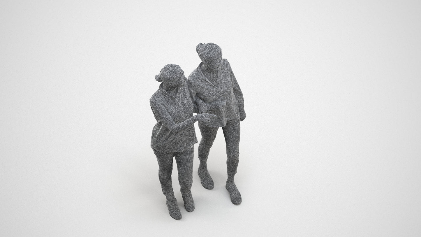 3D human model woman casual couple, photogrammetry scanned person for archviz, wireframe three-quarter view