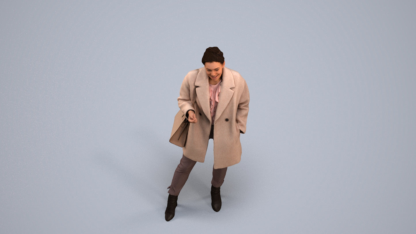 3D human model woman business standing, photogrammetry scanned person for archviz, back view render