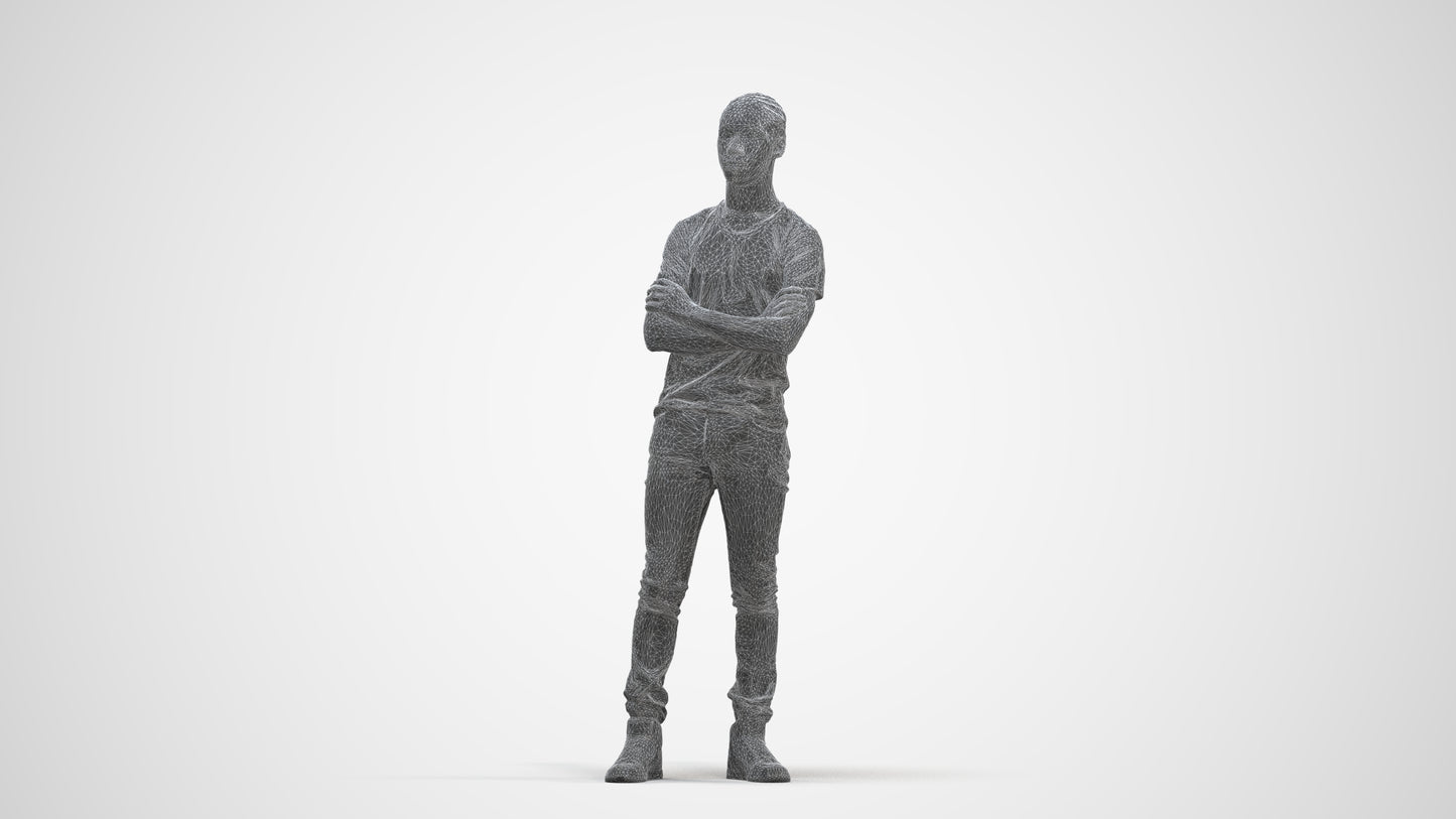 3D human model boy casual kids, photogrammetry scanned person for archviz, three-quarter front view render