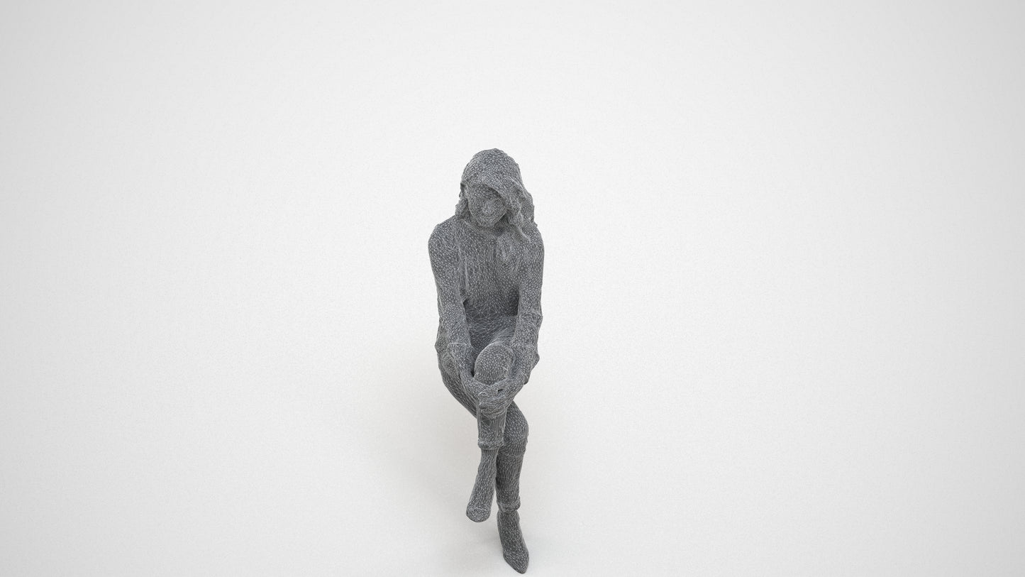realistic 3D woman casual sitting, scanned archviz people for Blender and 3ds Max, wireframe three-quarter view