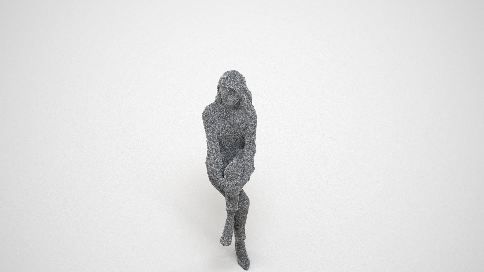 realistic 3D woman casual sitting, scanned archviz people for Blender and 3ds Max, wireframe three-quarter view