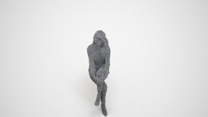 realistic 3D woman casual sitting, scanned archviz people for Blender and 3ds Max, wireframe three-quarter view
