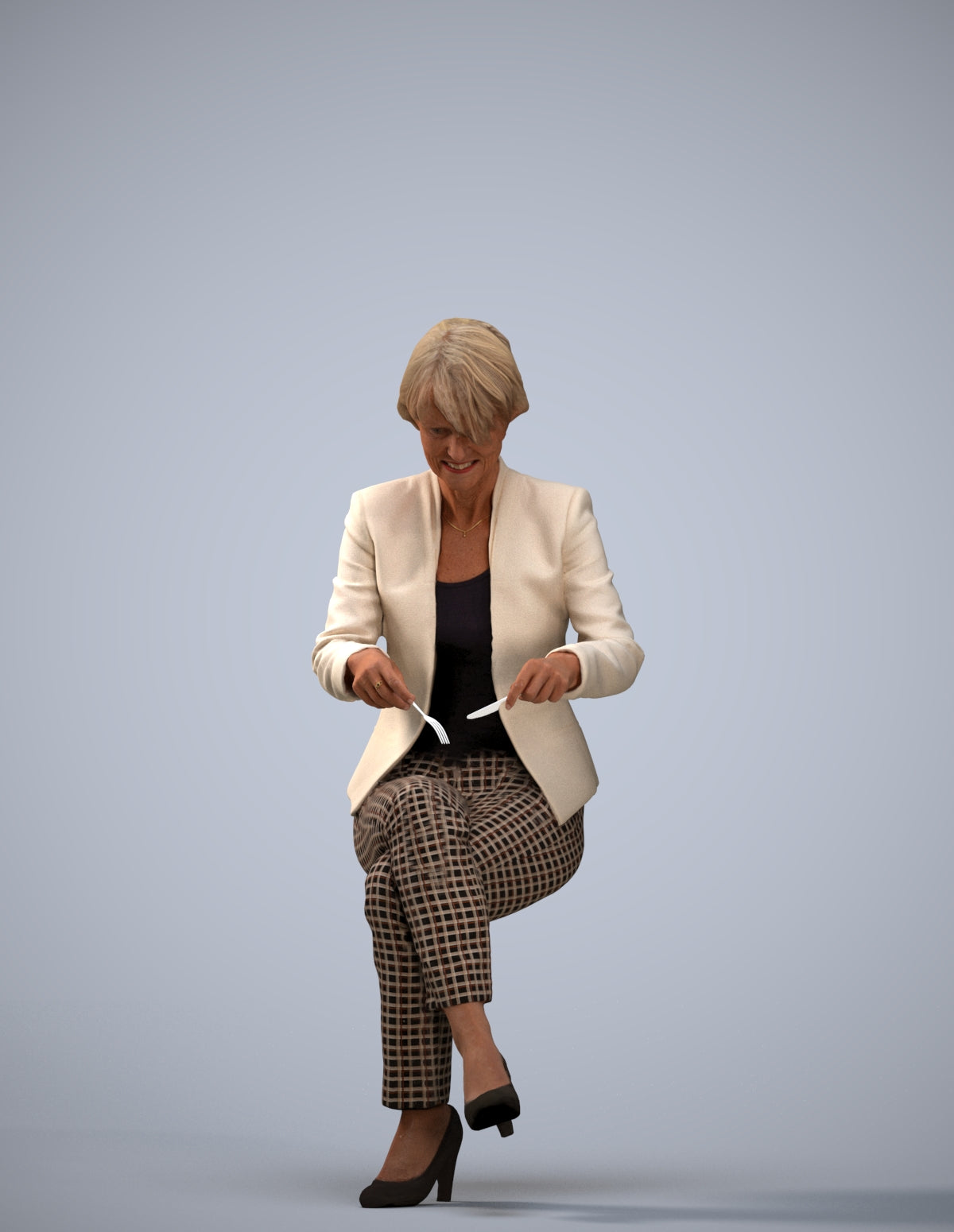 realistic 3D human senior woman business sitting, archviz people FBX OBJ for Blender