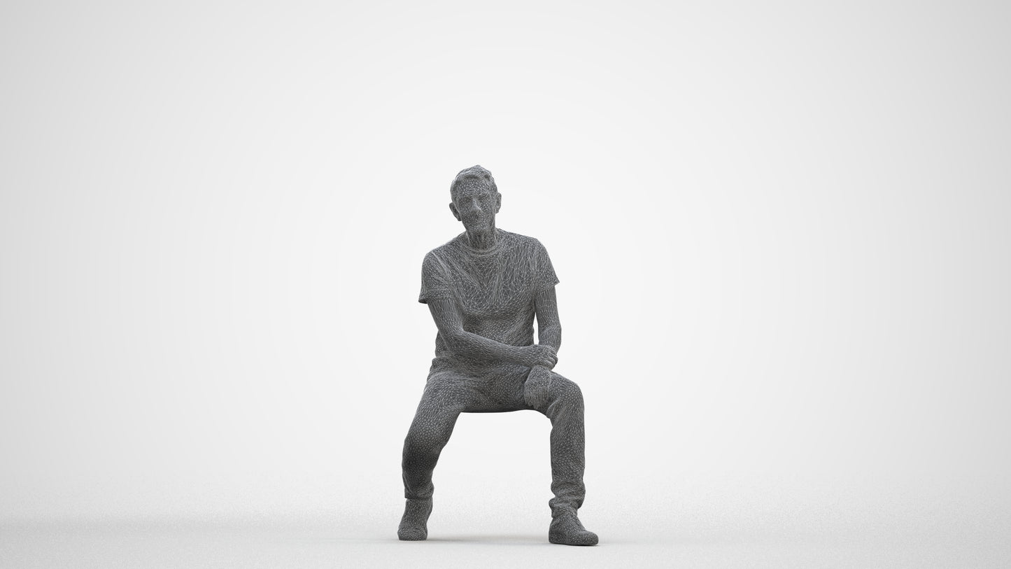 scanned 3D senior man casual sitting, photogrammetry people for Enscape and V-Ray, three-quarter front view render
