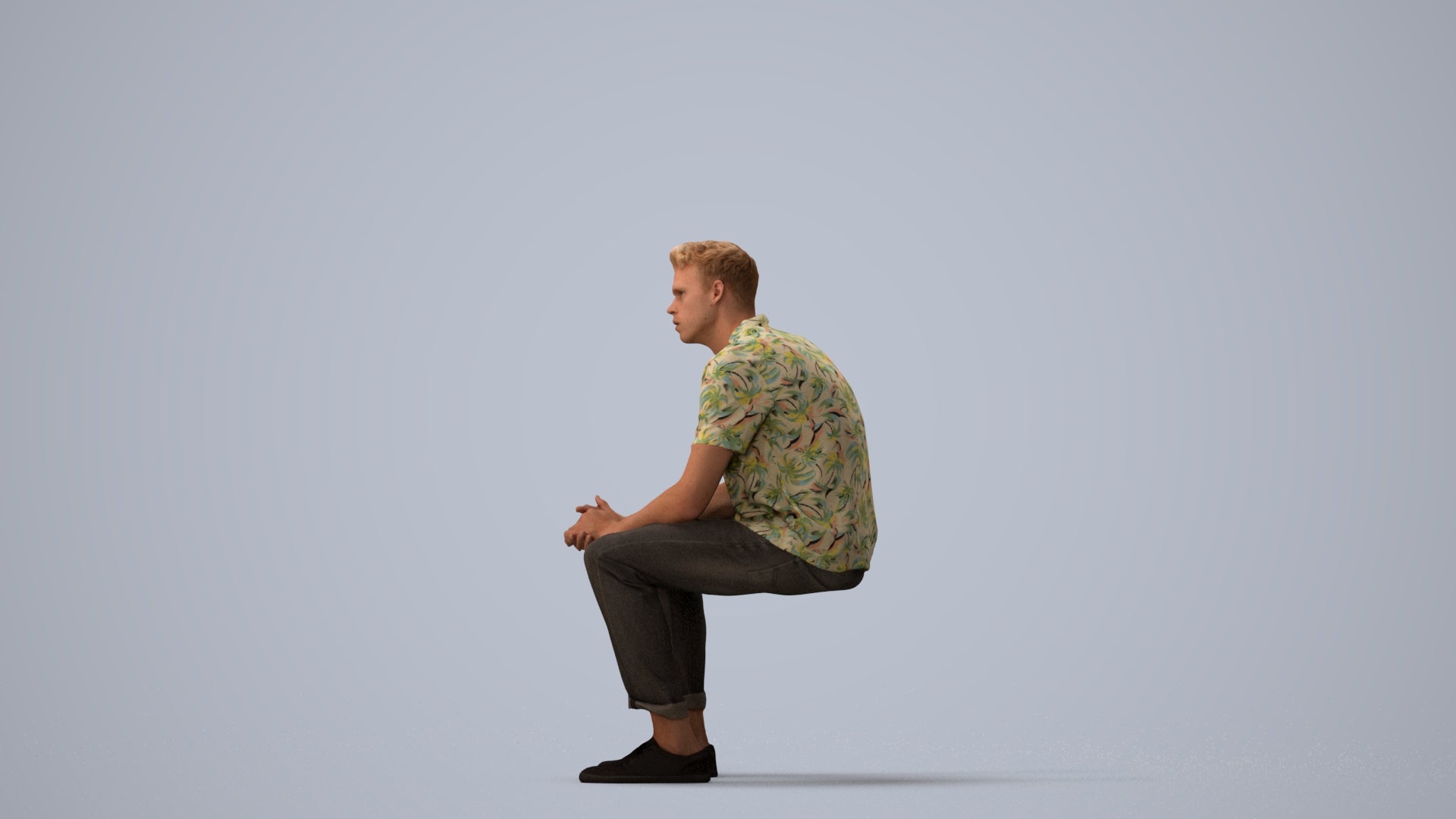 3D scanned man sitting casual, photorealistic archviz people for Enscape and SketchUp, three-quarter view render
