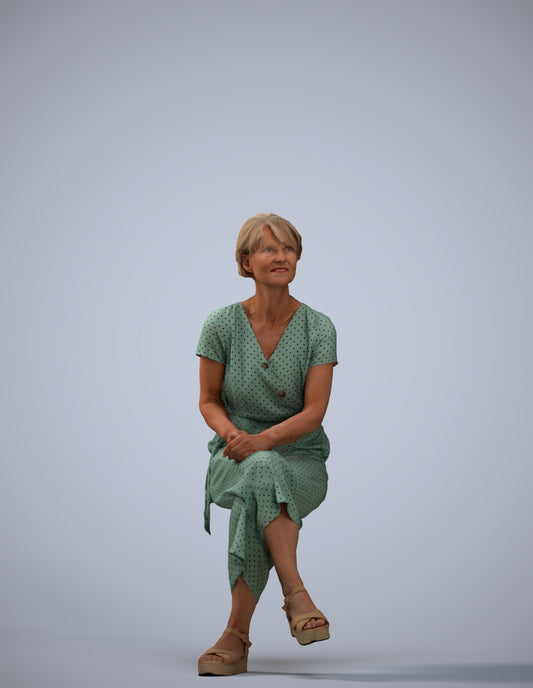 realistic 3D senior woman casual sitting, scanned archviz people for Blender and 3ds Max