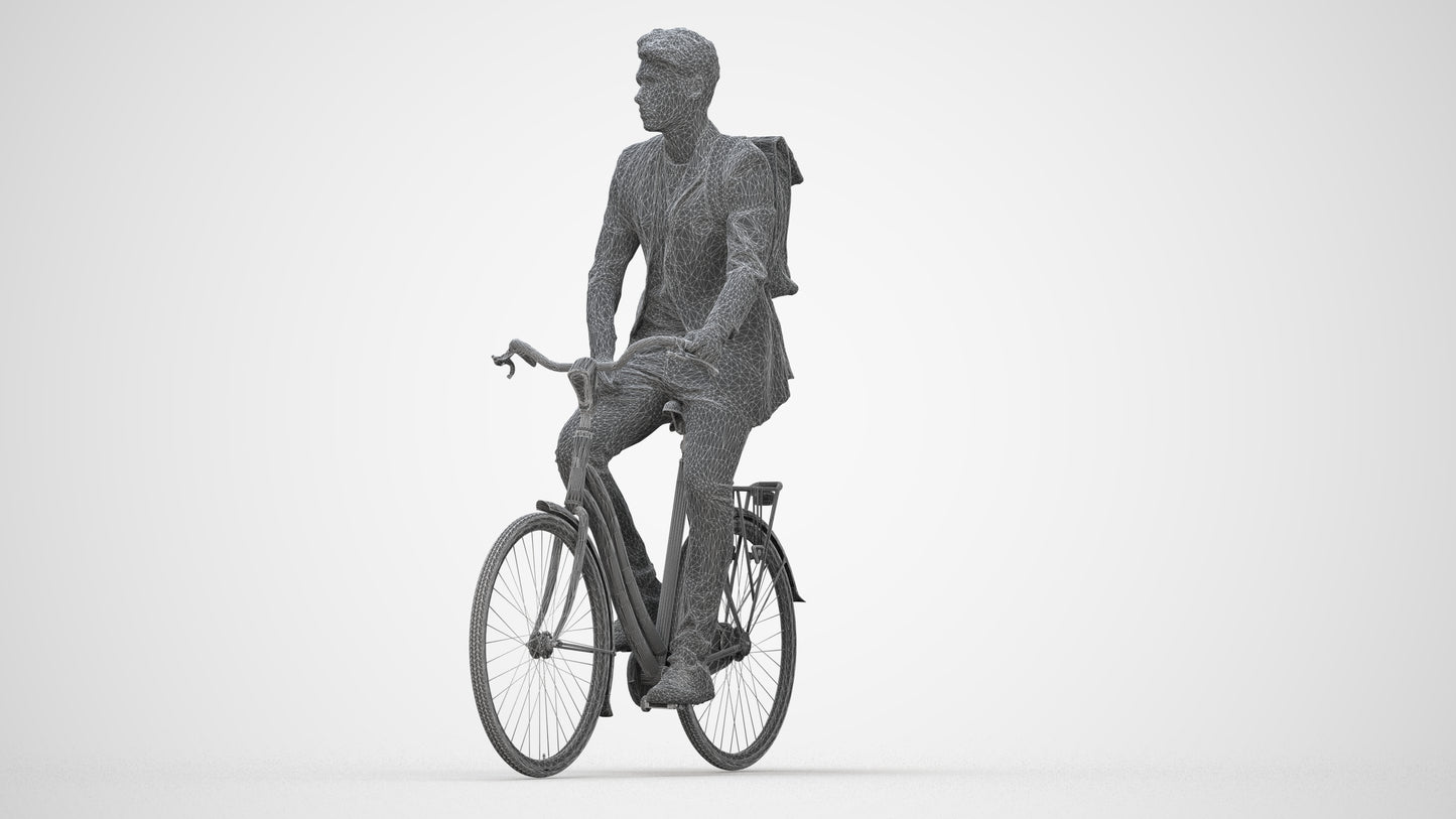 realistic 3D man casual cycling, scanned archviz people for Blender and 3ds Max, wireframe back view