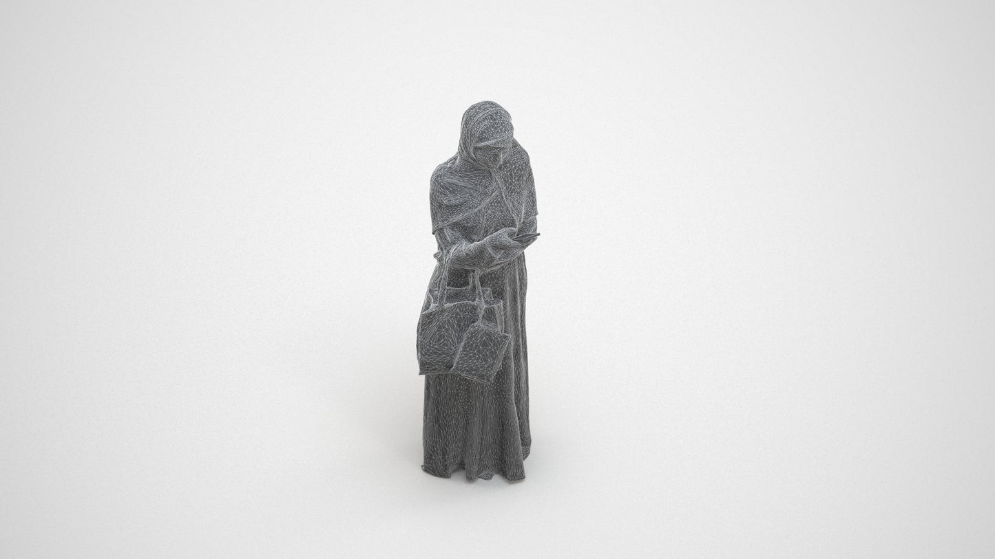 3D human model woman standing, photogrammetry scanned person for archviz, wireframe three-quarter view