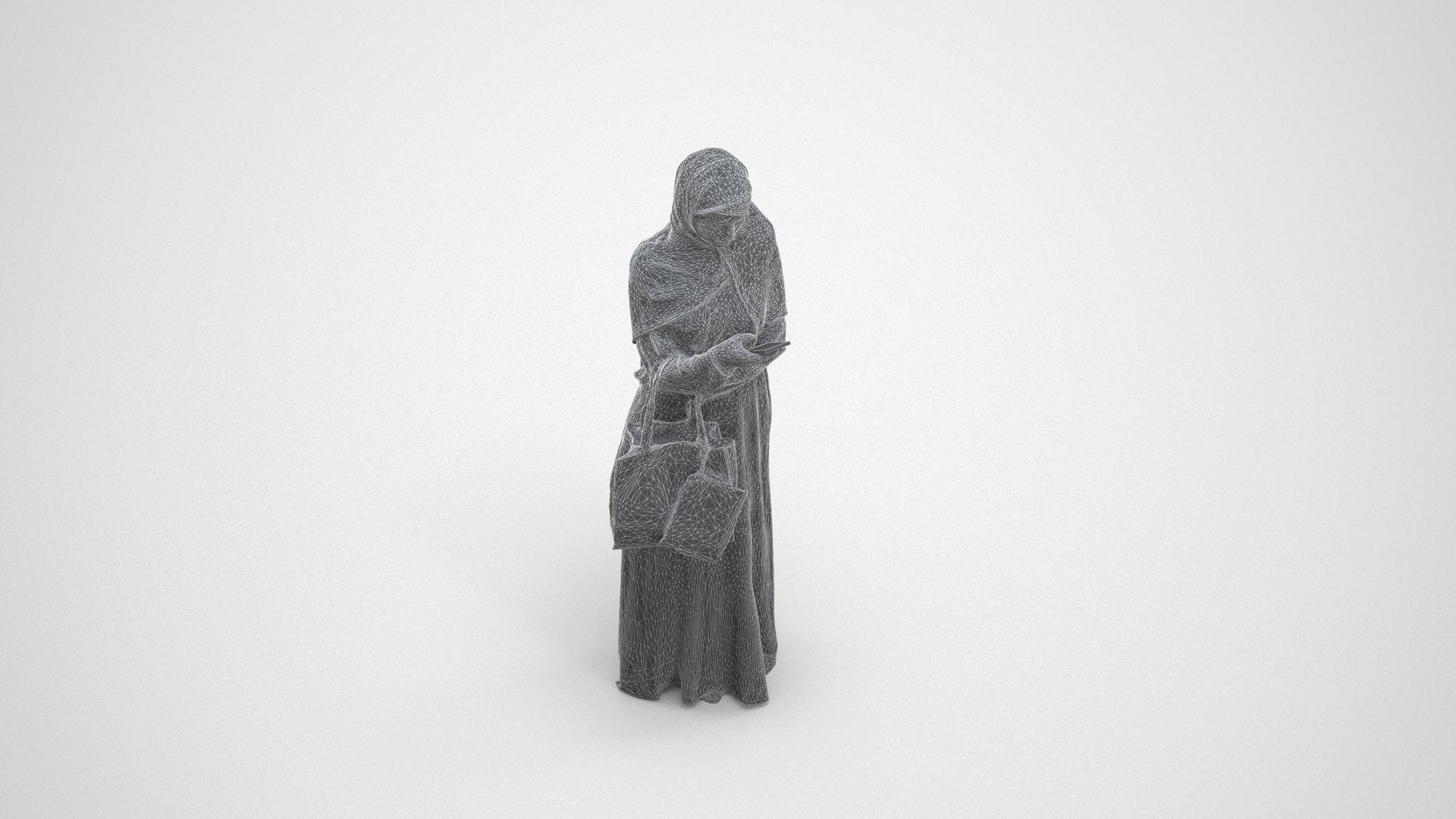 3D human model woman standing, photogrammetry scanned person for archviz, wireframe three-quarter view