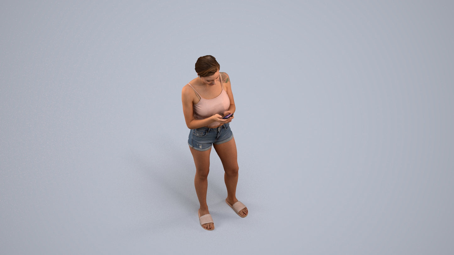 3D human model woman casual standing, photogrammetry scanned person for archviz, back view render