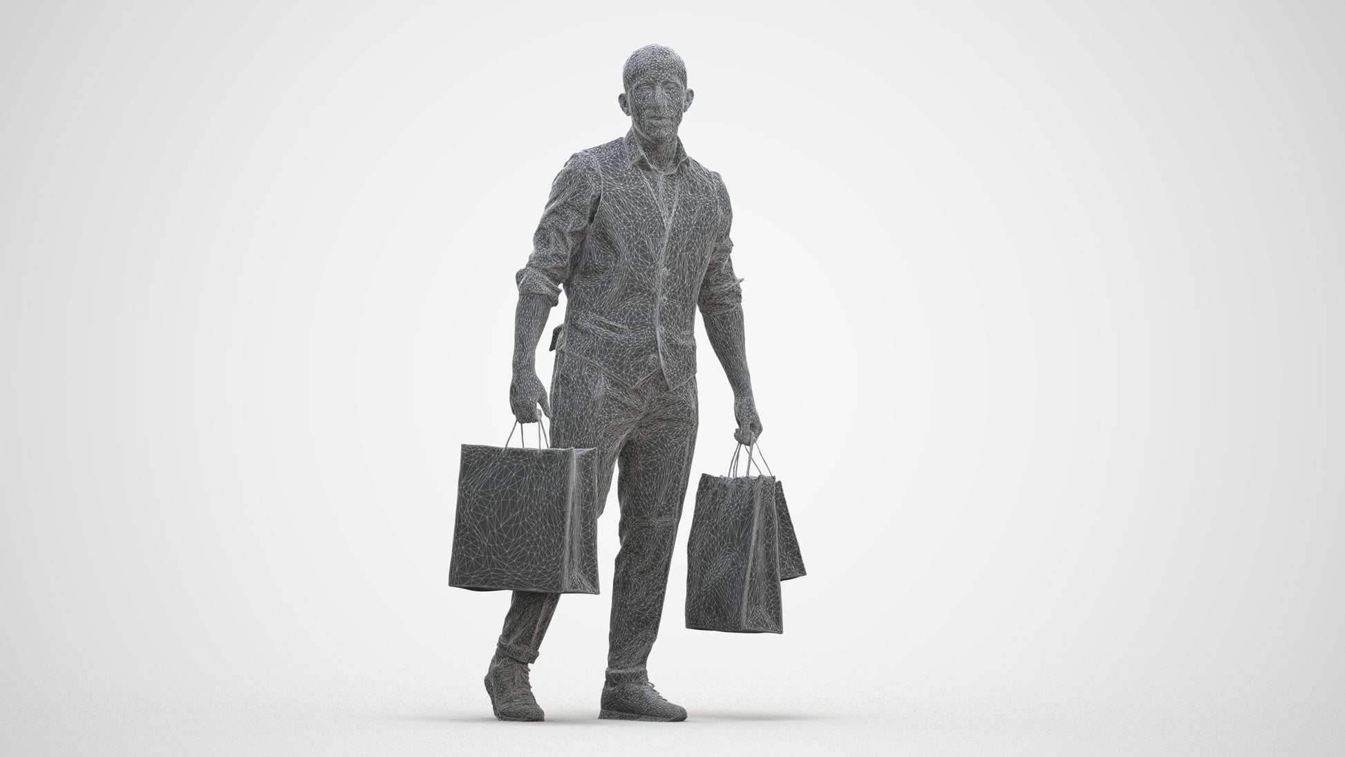 3D human model man casual shopping, photogrammetry scanned person for archviz, three-quarter front view render