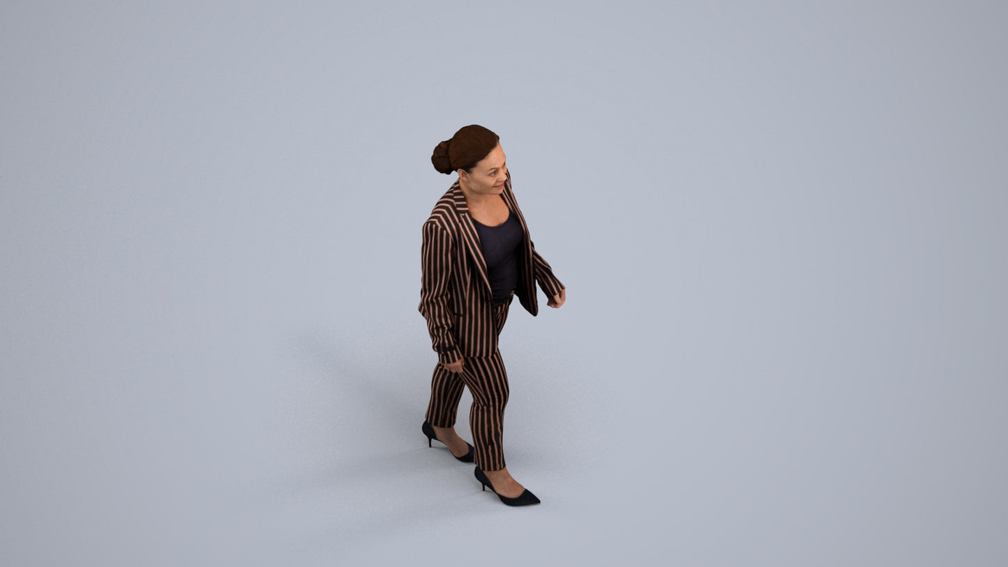 3D human model woman business walking, photogrammetry scanned person for archviz, back view render