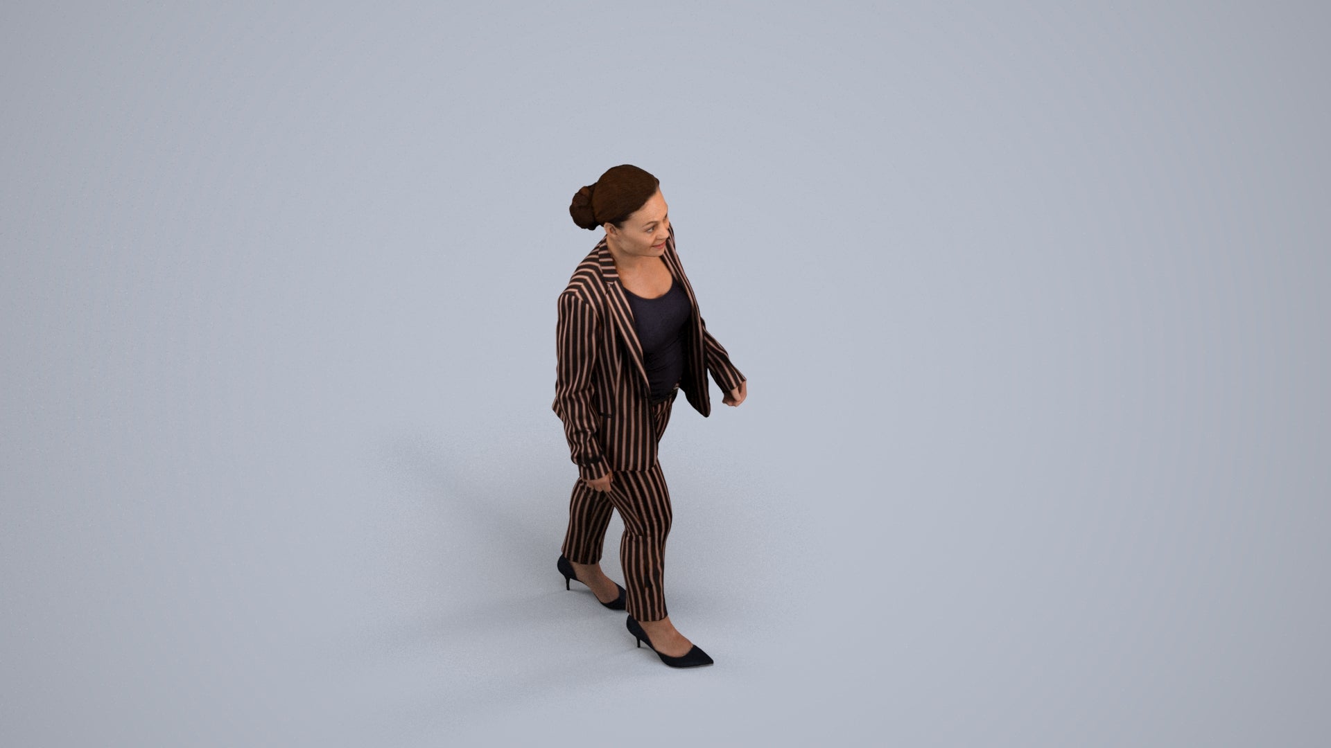 3D human model woman business walking, photogrammetry scanned person for archviz, back view render