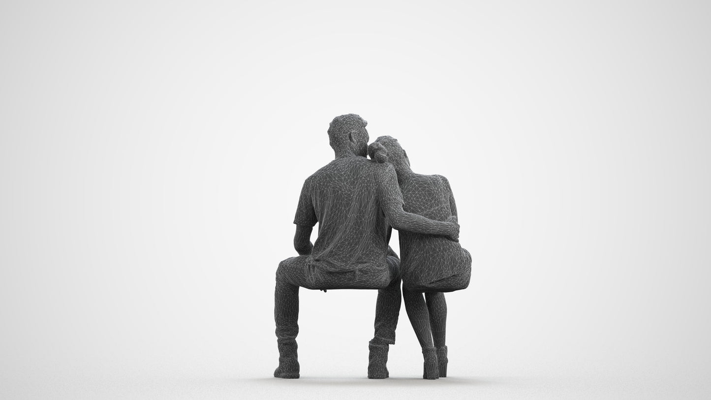 3D scanned man couple casual, photorealistic archviz people for Enscape and SketchUp, wireframe front view