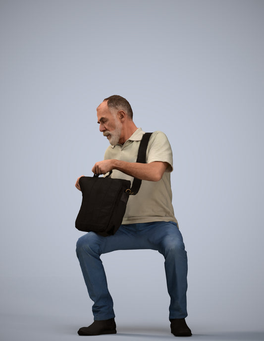 realistic 3D human senior man casual sitting, archviz people FBX OBJ for Blender