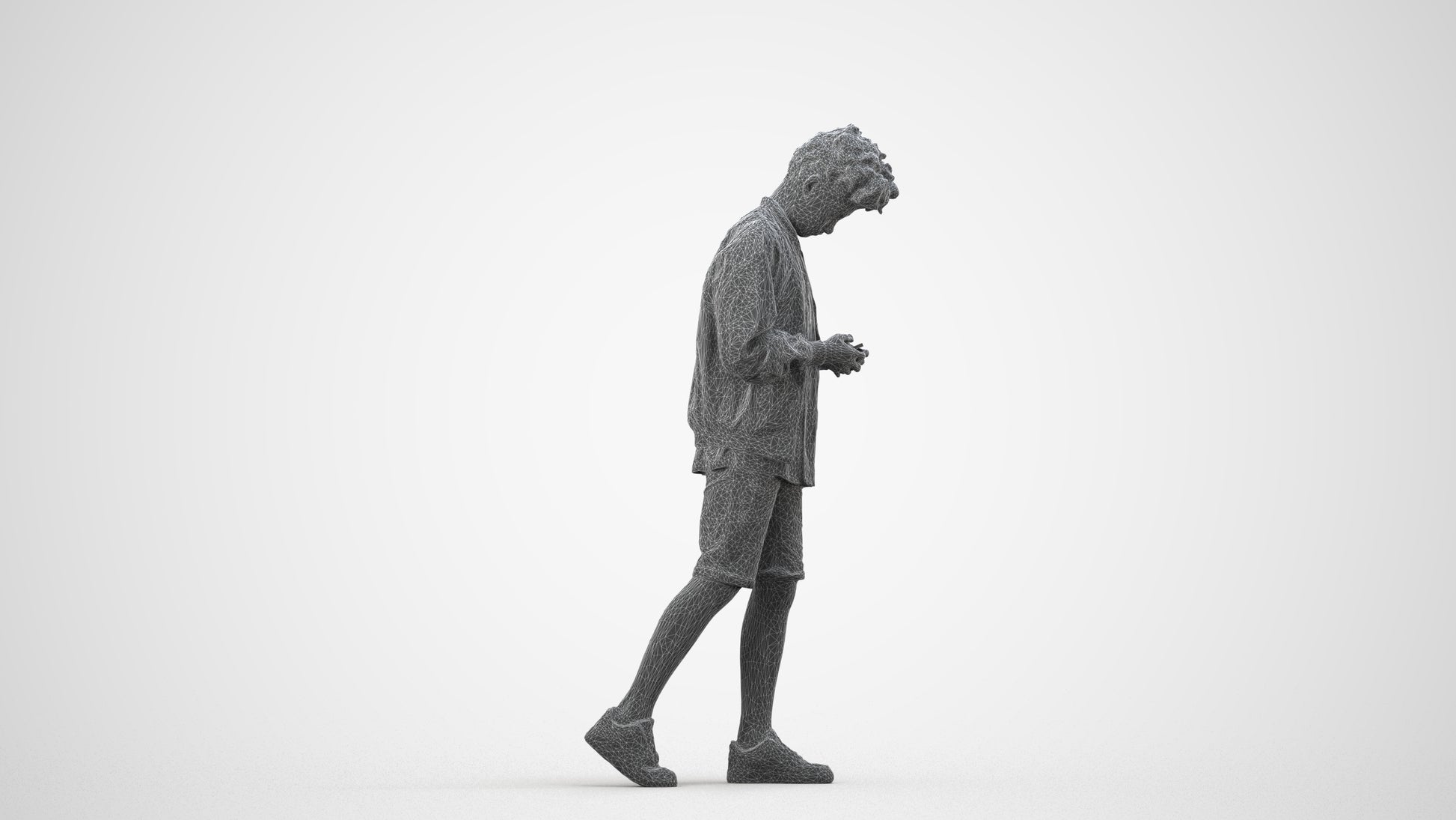 3D human model boy casual kids, photogrammetry scanned person for archviz, wireframe side view