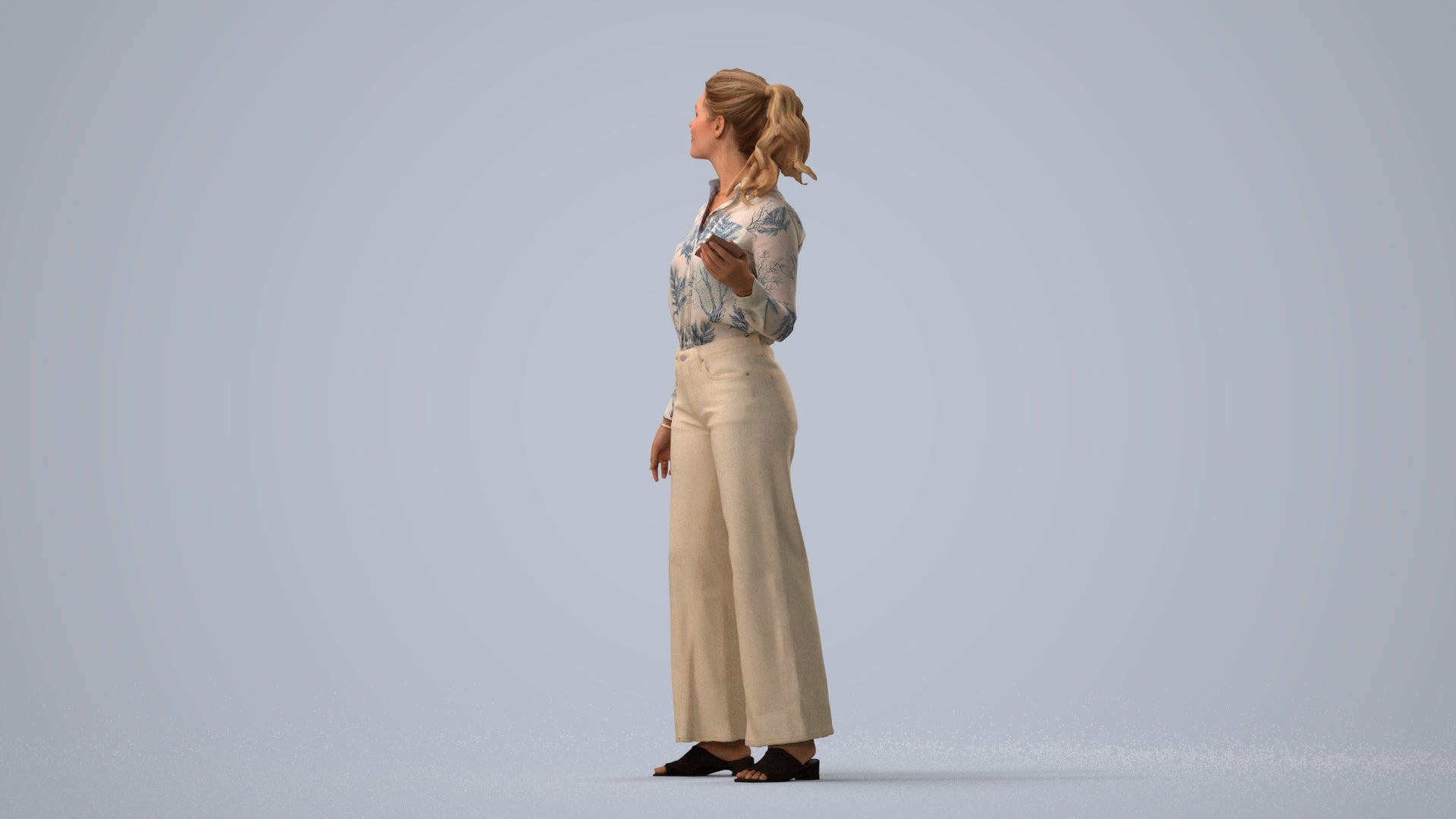 3D scanned woman standing casual, photorealistic archviz people for Enscape and SketchUp, three-quarter view render