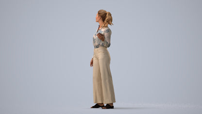 3D scanned woman standing casual, photorealistic archviz people for Enscape and SketchUp, three-quarter view render
