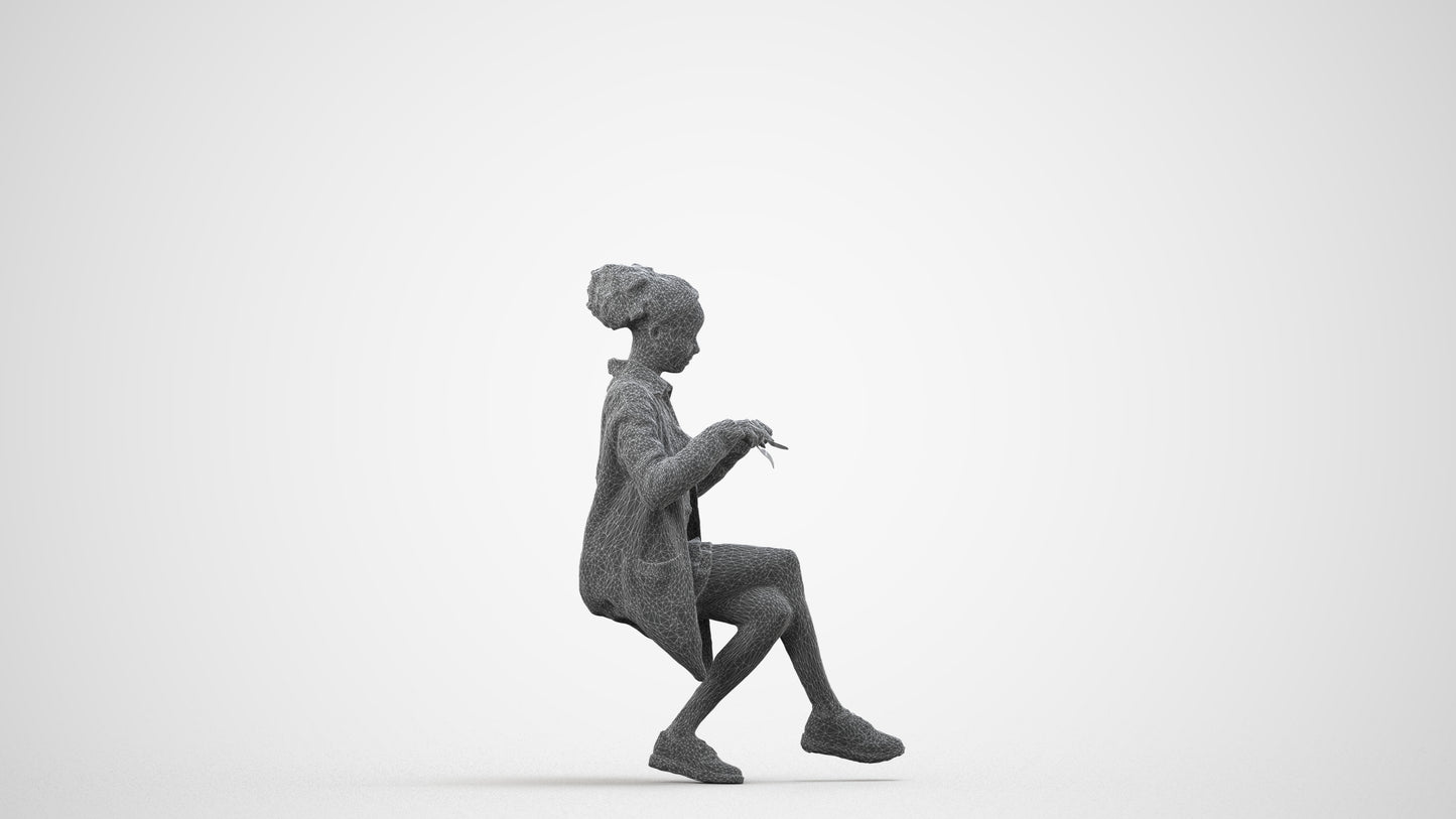 photogrammetry 3D woman casual sitting, realistic human model archviz FBX, wireframe side view