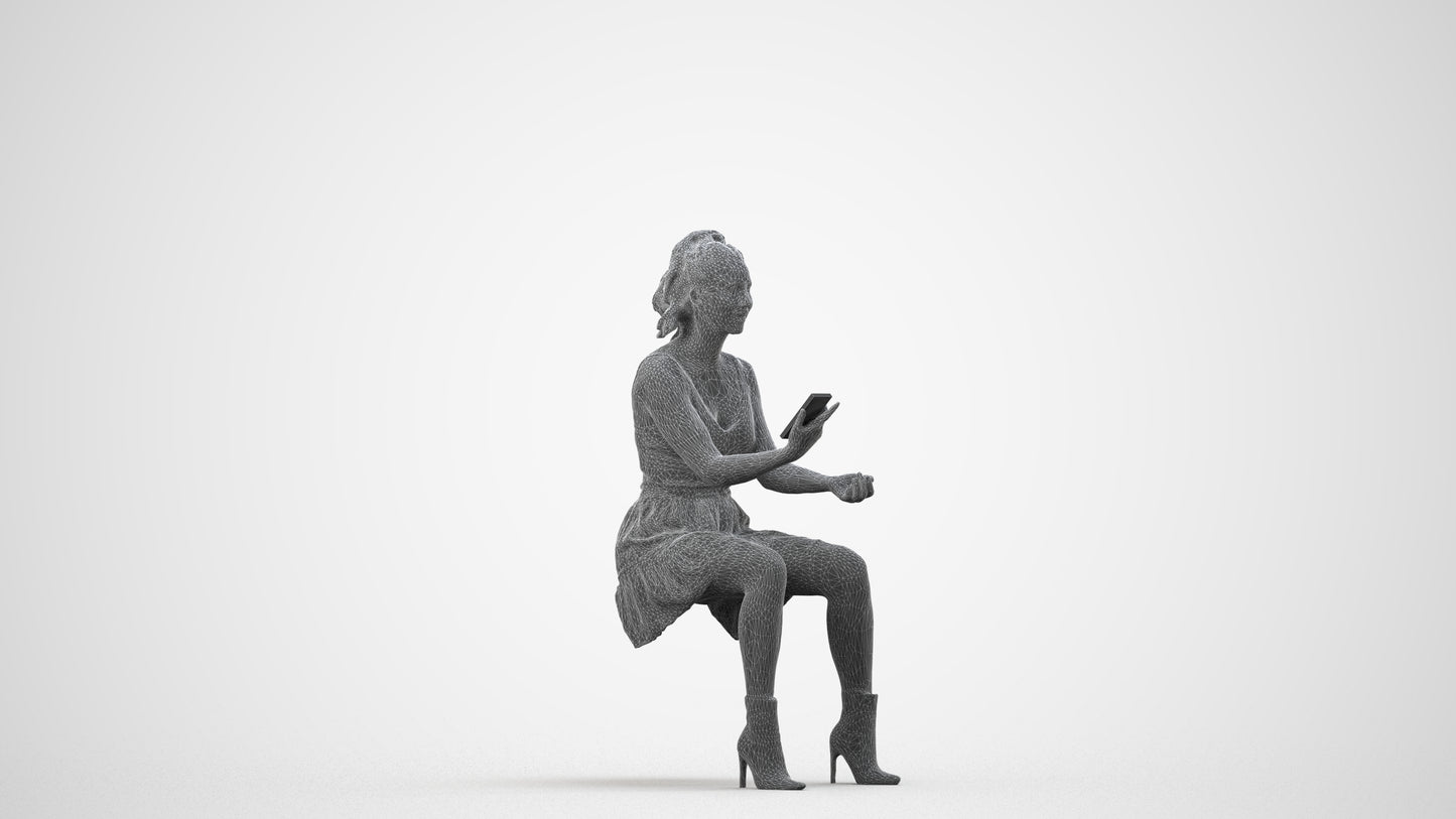 photogrammetry 3D woman casual sitting, realistic human model archviz FBX, wireframe side view