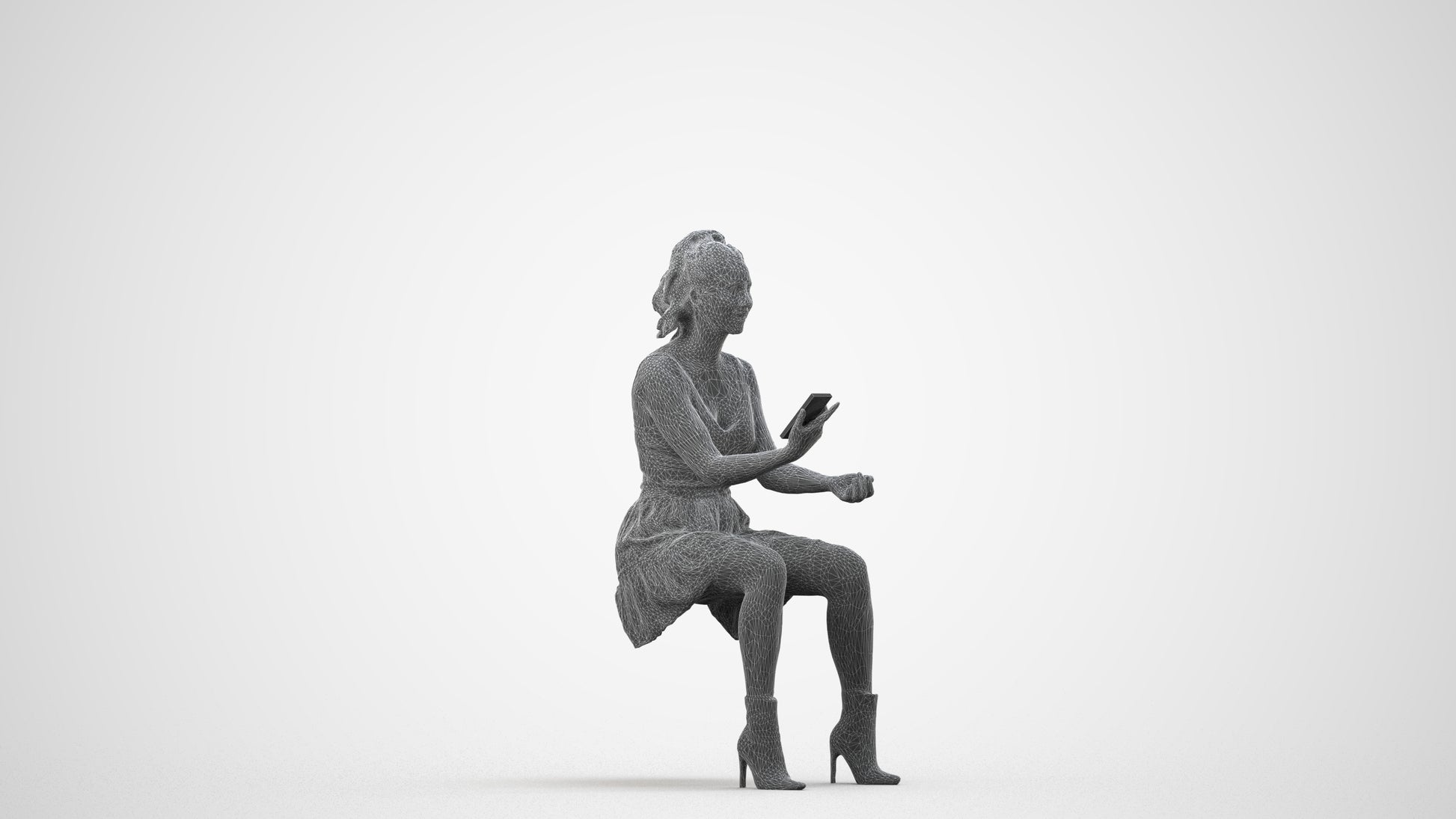 photogrammetry 3D woman casual sitting, realistic human model archviz FBX, wireframe side view