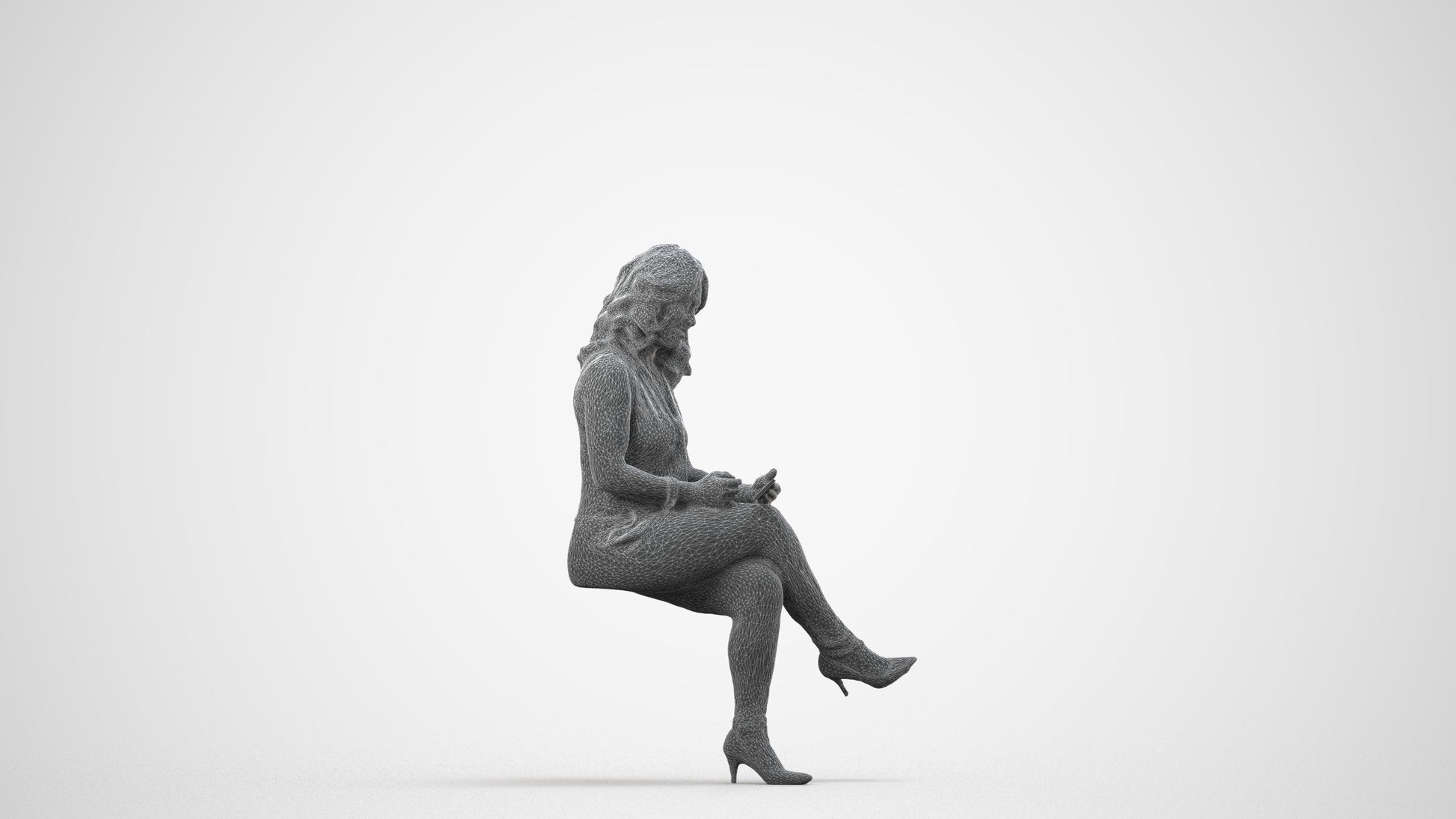 realistic 3D woman casual sitting, scanned archviz people for Blender and 3ds Max, wireframe side view