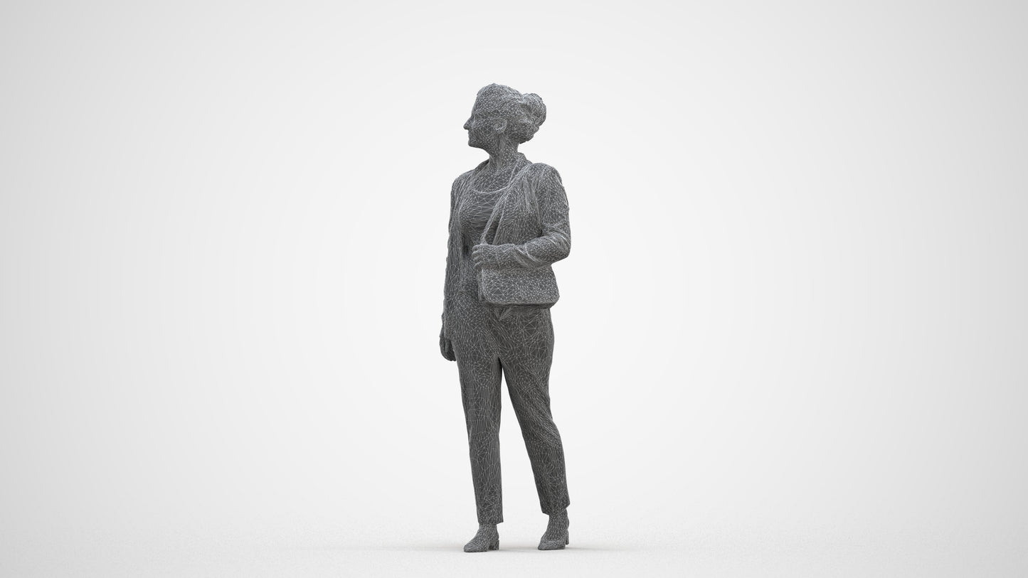 3D human model woman business walking, photogrammetry scanned person for archviz, three-quarter front view render
