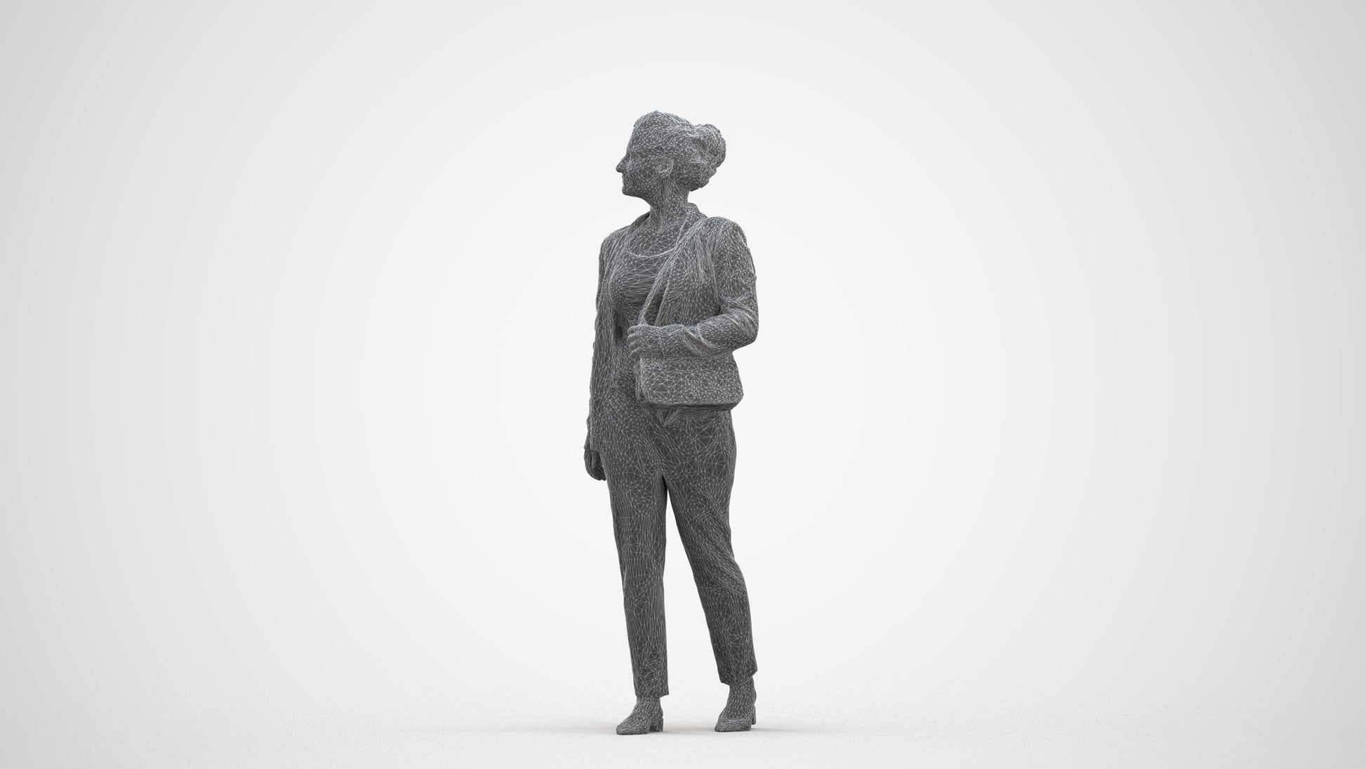 3D human model woman business walking, photogrammetry scanned person for archviz, three-quarter front view render