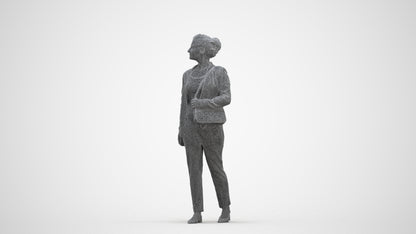 3D human model woman business walking, photogrammetry scanned person for archviz, three-quarter front view render