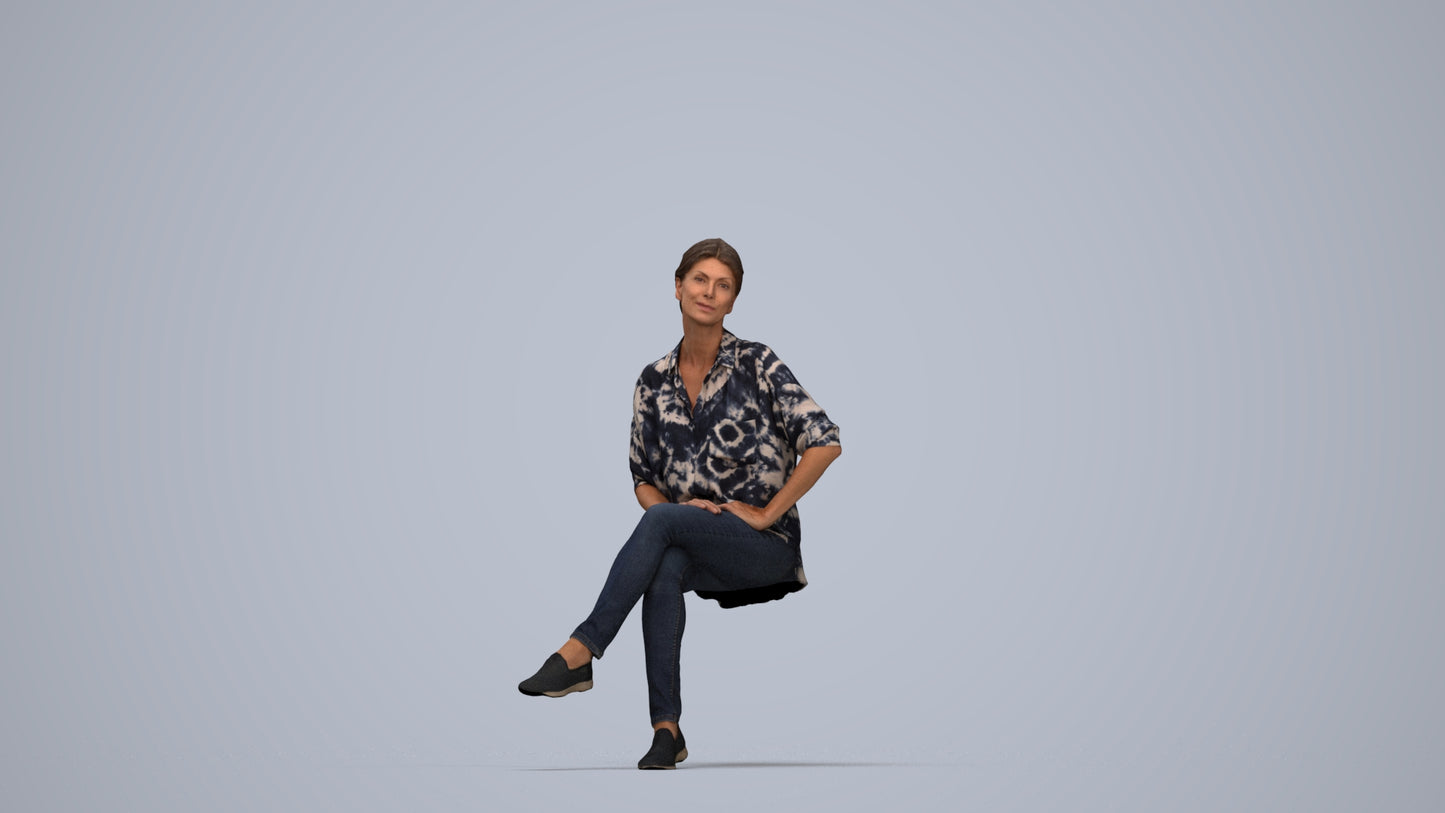 3D scanned woman sitting casual, photorealistic archviz people for Enscape and SketchUp, top-down view render