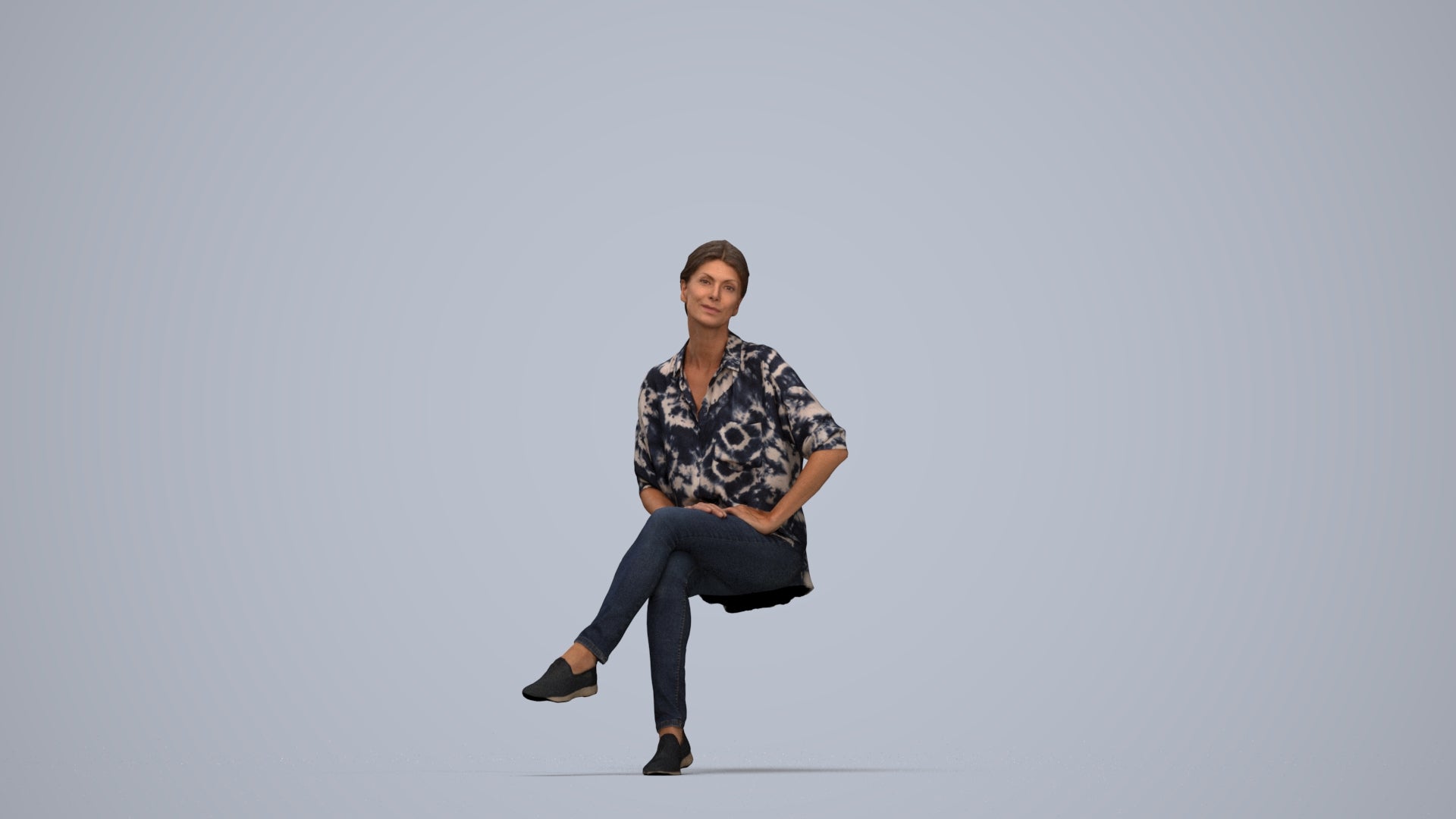 3D scanned woman sitting casual, photorealistic archviz people for Enscape and SketchUp, top-down view render
