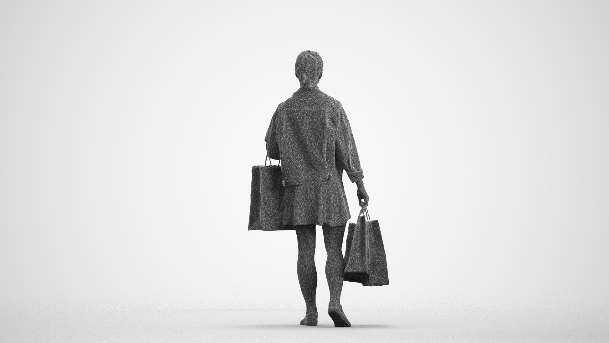 3D scanned woman shopping casual, photorealistic archviz people for Enscape and SketchUp, wireframe front view